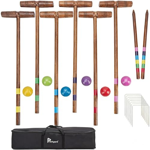 Pointyard Set per croquet da 81 cm, set per croquet a sei giocatori, regolamento [vintage Archaize] con mazzuole in legno, palla colorata, wicket, paletti, per adulti, adolescenti, famiglia, perfetto