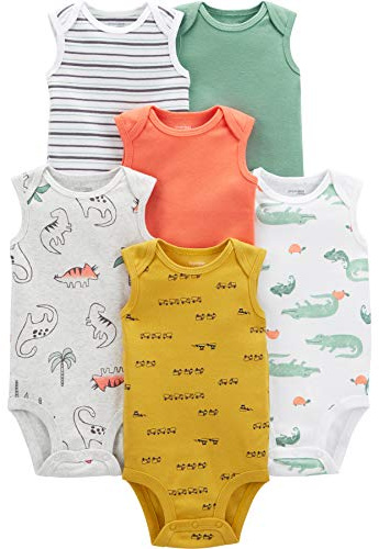 Simple Joys by Carter's Baby Boys' 6-Pack Sleeveless Bodysuits, Alligator/Dinosaur/Stripe/Trucks, 18 Months