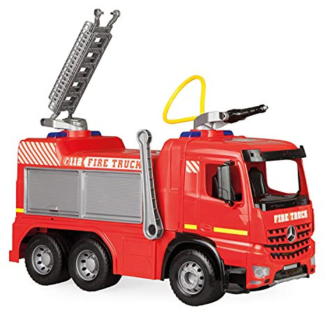 Lena 02158 - Starke Riesen GIGA Trucks Feuerwehr Arocs, stabiles Feuerwehrauto ca. 66 cm, Löschfahrzeug mit 3 Achsen, 1,5 Liter Tank und Wasserkanone bis 8 Meter, Fahrzeug für Kinder ab 3 Jahre, Rot