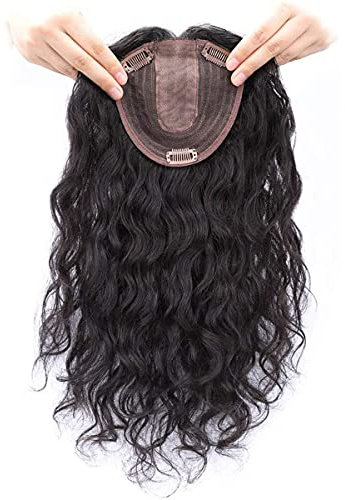 Lockiges Echthaar Crown Topper Haarteil 5 x 5,5 Clip in Top Wiglet Haarteile für Frauen mit dünner werdendem Haar, 12 linker Teil, Dunkelbraun