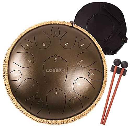 LOMUTY Stahlzungentrommel, 13 Zoll Steel Tongue Drum, D-Dur 15 Noten, Handtrommel HandPan Drum mit Drumsticks/Tragetasche(Bronze)