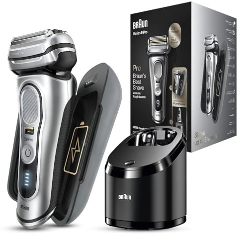 Braun Series 9 Pro Premium Rasierer Herren mit 4+1 Scherkopf, Elektrorasierer & ProLift Trimmer, PowerCase, 5-in-1 Reinigungsstation, 60 Min Laufzeit, Made in Germany, 9477cc, silber