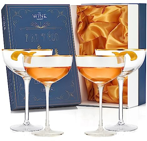 Vintage Crystal Champagne Coupe Gold Rim Glasses | Set of 4 | 7 oz, Gilded Rim Classic Cocktail Glassware - Martini, Manhattan, Cosmopolitan, Sidecar, Daiquiri | 1920s Style Saucer Goblets | Gift Box