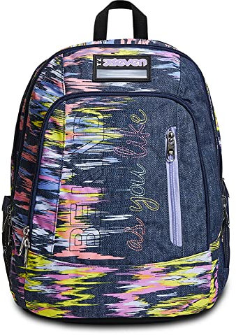 Zaino Scuola Seven Advanced - Virtual Girl Ragazza - Jeans, Rosa - Doppio Scomparto - Tasca porta borraccia