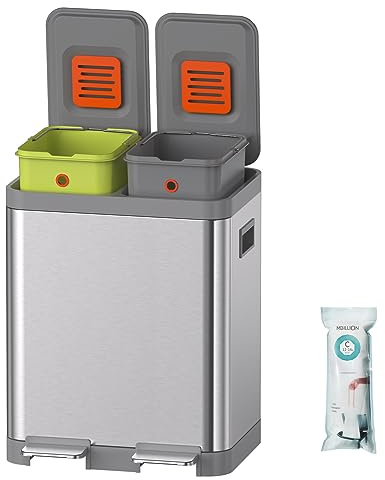 Mbillion Mülleimer Küche, Mülleimer Küche 2 Fächer, Mülleimer Mit Deckel, Abfalleimer Küche Edelstahl, Herausnehmbaren Inneneimern, Für Zuhause, Büro (15 + 15L Silber)