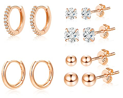 6 paires or rose argent 925 pour femmes boucles d'oreilles en plaqué or 14 carats Créoles Petits clous d'oreilles avec zirconium AAA+, Créoles hypoallergéniques Boucles d'oreilles