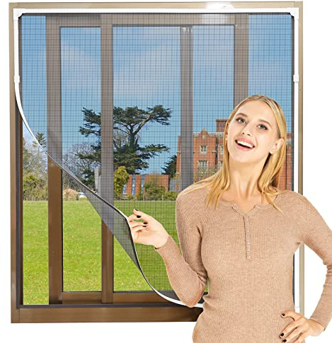 NeatiEase Adjustable DIY Magnetic Fly Screen Window Max 130x 150 cm, Full Frame Magnetic Strip Easy Installation Fits Any Size Smaller Insect Mesh Mosquito Bug Net for Windows (White Frame Black Net)