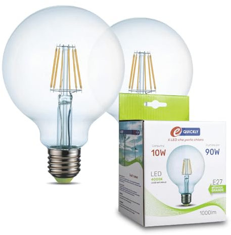 E-QUICKLY LED E27 Lampadina Luce Naturale 4000K - 10W (Equivalenti 90W) - Globo ⌀120mm - Filamento ad Alta Efficienza 1000 Lumen - 2 Pezzi