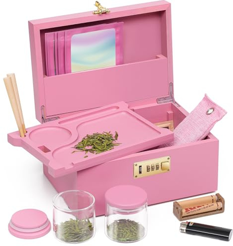 OZCHIN Große Bambusbox mit Zahlenschloss, Dekorative Aufbewahrungsbox für Zuhause, Geschenk, Aufbewahrungskiste mit Glasbehälter, Tablett, Wiederverschließbaren Beuteln und Mehr - Rosa