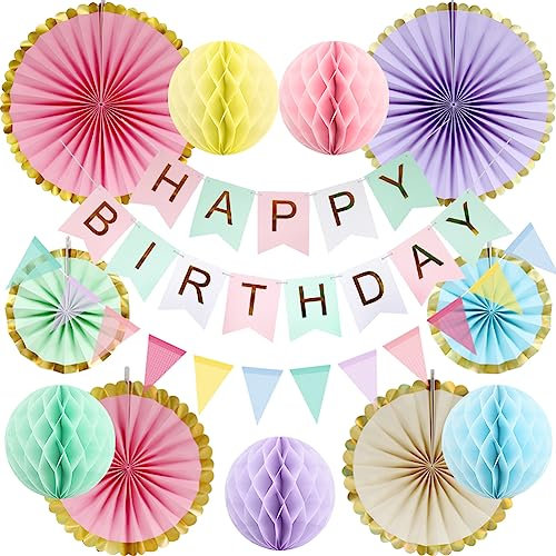 Pastel Birthday Decorations Kit Reusable Birthday Party Decorations Pastel Banner Bunting Honeycomb Paper Lanterns Paper Fans