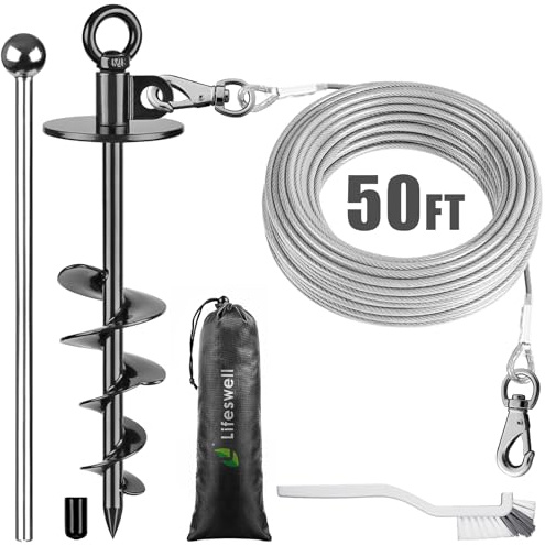 Ficelle et Piquet pour Chien, câble en Acier Inoxydable à mâcher de 50 Pieds, Ancre pour Chien Robuste de 15 po pour Chiens jusqu'à 125 LB,Courroie pour Chien pour la Cour et Le Camping