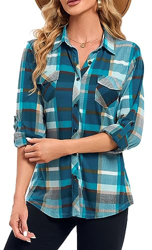 Timuspo Damen Kariertes Hemdbluse Knopfleiste Langarm Oktoberfest Bluse Karo Tunika Casual V-Ausschnitt Oberteile Flanellhemd Tops