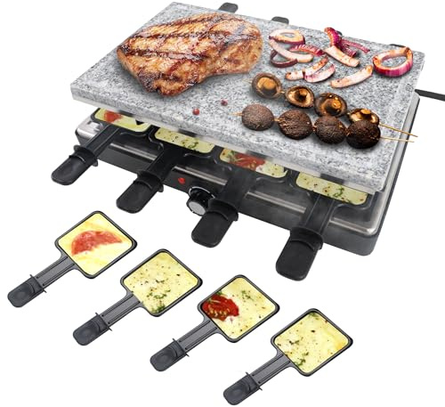 VA-Cerulean Plaque de grill à raclette 1400 W électrique avec pierre de cuisson naturelle, plaque de cuisson antiadhésive, 8 poêlons et spatule en bois, thermostat en continu
