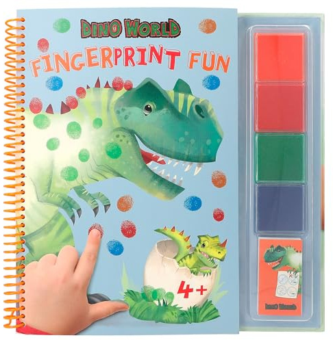 Depesche 12106 Dino World - Fingerprint Fun, Malbuch mit 4 Stempelkissen, zum Ausmalen mit den Fingern