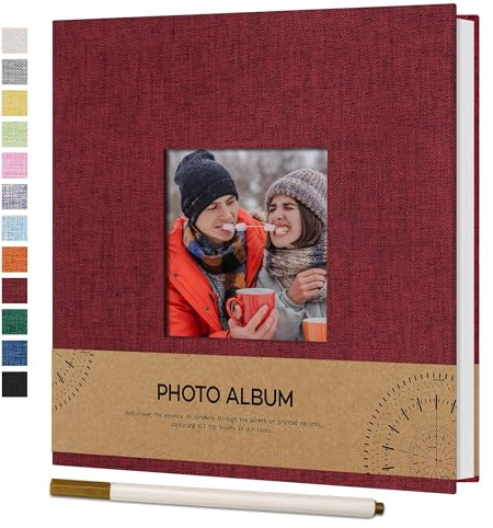 Vienrose Kleines Selbstklebendes Fotoalbum, 40 Seiten, 17x18 cm, Rot | Leinen Photo Album, Fotoalbum Selbstklebend zum Einkleben 10x15, Hochzeit Jahrestag Geburtstag Fotoalben mit Metallstift