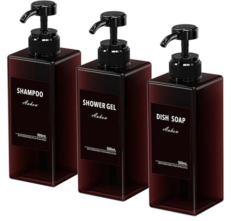 3 st påfyllningsbara flaskdispensers, 500 ml, för duschgel och schampo, duschbehållare med 16 vattentäta etiketter, för badrum, resor, hotell, brun