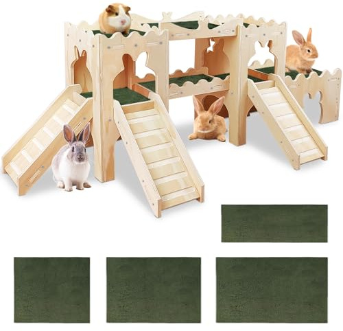 Extra großes hölzernes Kaninchenschloss Versteck Tunnel und Bett Kleintierversteck Hütte solide sichere Konstruktion Spielversteck Hütte für Kaninchen Meerschweinchen Chinchilla