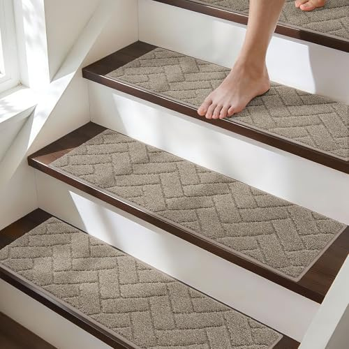 BEQHAUSE Stair Treads, Anti Slip, Washable Machine, Polyester, Beige, 4pcs | 22x70 cm, Stairs Carpet Tread for Elders, Kids, Dogs, Easy Install for Wooden Floors, Marble stair etc