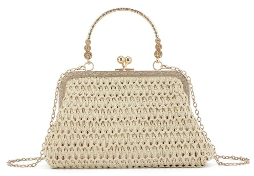 SUKUTU Evening Straw Women Braided Clutch Bag Shoulder Bag Lined Beach Bag, beige, 21 cm x 14 cm x 6 cm
