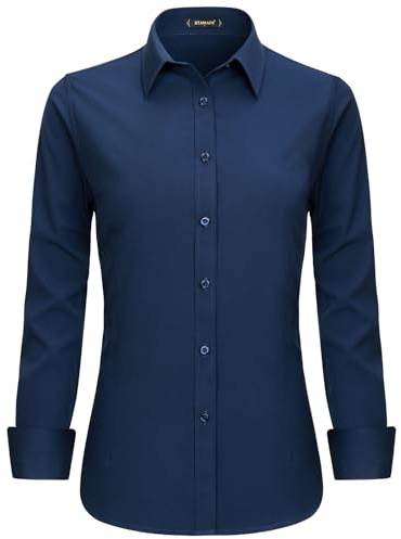 Stamain Camisa de Mujer Azul Marino de Manga Larga con Escote en V Blusa de Botones Elegante para Oficina y Eventos XL