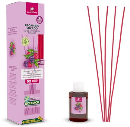 CRISTALINAS | Recambio + Cañas Ambientador Mikado | 100% Puro | Duración 8 Semanas | 35ml | 0% Alcohol (35ml, Moras y Frambuesas)