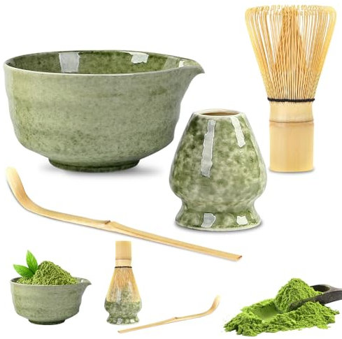 WDKXCN Te Matcha Kit, Kit Te Matcha, Kit Matcha, Matcha Set Incluye Batidor Te Matcha, Cuenco de Matcha con Boquilla, Soporte para Batidores Matcha, y Cuchara de Bambú, 4 Piezas