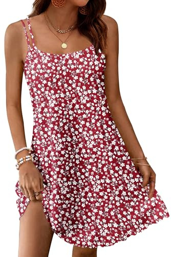 WNEEDU Abiti Estivi Donna Senza Maniche Vestito Leggero con Spalline Sottili Corto al Ginocchio Casual Abito Scollo Rotondo Fiori Rossi M