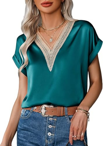Zeagoo Camisa Mujer Satin Manga Corta Camiseta Blusa Mujer Verano Elegante 2025 Moda Bordado Encaje Top Turquesa M