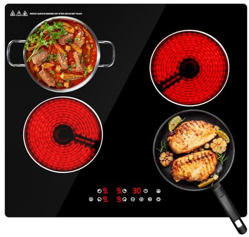 Ceramic Hob,59cm Built-in 4 Zones Electric Hob,6000W,Built in Black Glass Cooker with Touch Control, Child Safety Lock, Timer