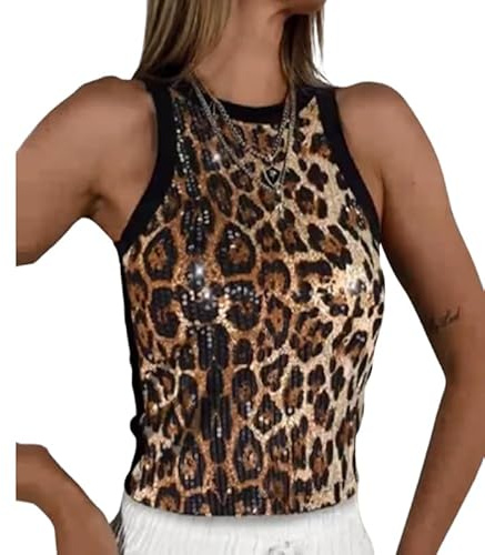 fdsmall Damen Funkelnde Paillette Ärmelloses Tank Top Y2k Mock Neck Glänzende Cropped Weste Tops Leopard Print Party Nacht Mardi Gras Clubwear (Leopard, M)