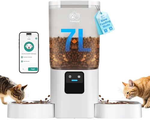 Frienhund Distributore Automatico Cibo Gatti Doppio App: 7L Dispenser Crocchette Gatto Con Alimentazione Lenta, 5G WiFi Dispenser Crocchette Gatto 2 Ciotole, Distributore Cibo Cani Con Alexa
