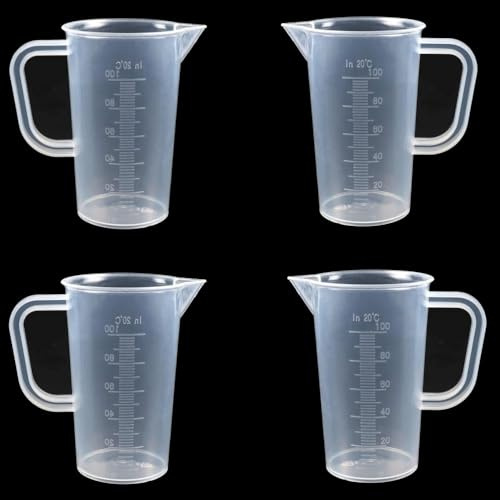 CUEMOON Vasos medidores de 100 ml, 4 vasos medidores pequeños, vasos medidores para ml, vasos medidores de plástico transparente, resistentes al calor, para laboratorio, para detergentes, cocina