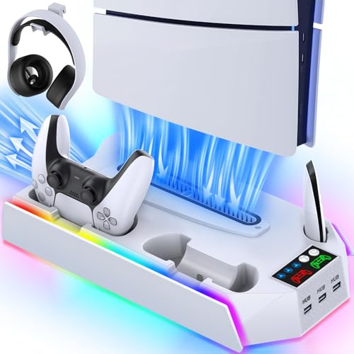 Cooling Stand and Dual Controller Charging Station for PlayStation 5 | RGB Cooling Station and Controller Charger Accessories for PS5/Slim/Pro Incl.Turbo Cooling Fan,Headset Holder,3 USB Hub,White