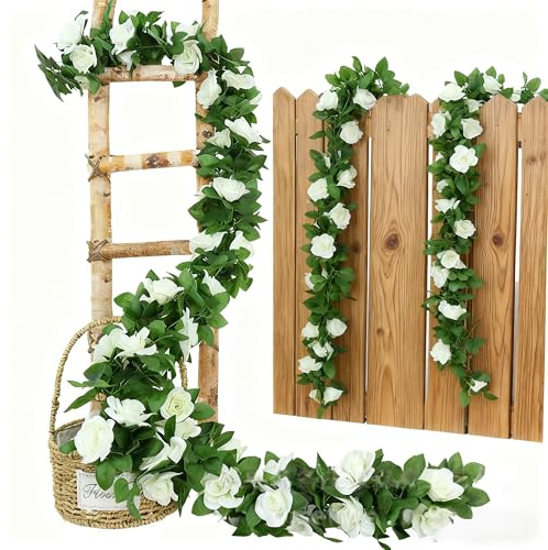 MINWEGI 2-Pack Luxury White Faux Silk Rose Garland | 45 Heads Realistic Floral Vine for Wedding Arch Decor, Mantel & Event Backdrops | Elegant Artificial Flower Arrangement (2.4m Length)