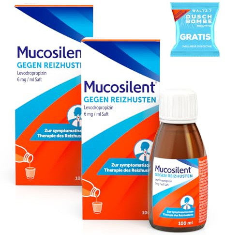 Mucosilent gegen Reizhusten | Hustenstiller Saft 2x100 ml | Mit Levodropropizin | Bis zu 6 Std. Linderung | Alkoholfrei, Zuckerfrei | ab 2 Jahren | inkl. Duschtab