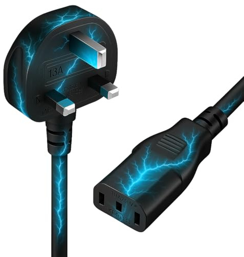 13A Fused UK Power Cable 1.5M – 3 Pin Mains Power Lead, Universal Kettle Lead AC Cord for PC, Laptop, Monitors, Smart TV, Printers, Electric Kettles, Rice Cookers & Appliances