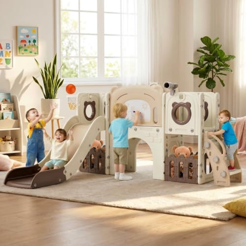 MAMIZO 10 in 1 Kinderrutsche,Kinder Rutsche mit Klettergerüst,Milchkaffeefa | Indoor & Outdoor Rutsche,mit Basketballkorb,Lagerung,Zeichenbrett und Pinsel, Gartenrutsche,Kinder Spielplatz,mit 4PCS Moduls