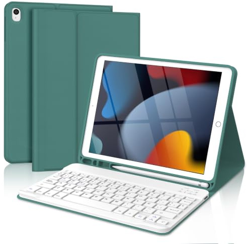 Funda Teclado para iPad 9/8/7 Generación 10,2/Air 3 10,5/Pro 10,5” | QWERTY Español Ñ Magnético Desmontable Bluetooth Teclado, Funda con Portalápices, para iPad 10,2 2021/2020/2019(Verde Oscuro)