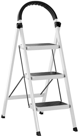 3 Step Folding Ladder,330LBS Capacity Iron Step Stool with Wide Pedal | Sturdy Iron Ladder with Triangular Stable Structure,Anti-Slip Wide Pedals,Foldable Lightweight Design,Portable for home