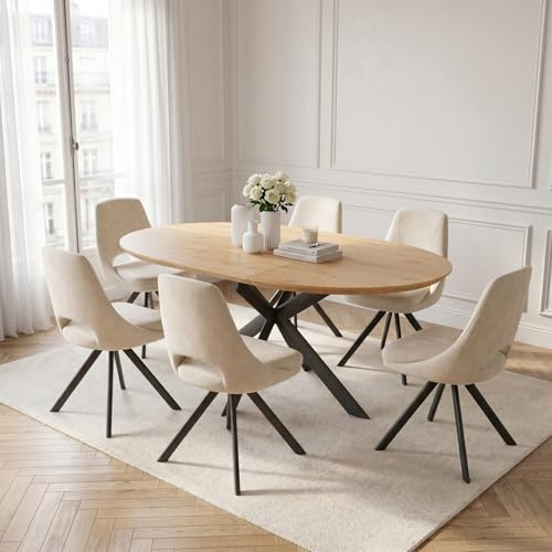 JIEXI Runt utdragbart matbord och 6 stolar set, MDF bord med spindelben, 110–150 cm, beige sammetsstolar för kök, matsal