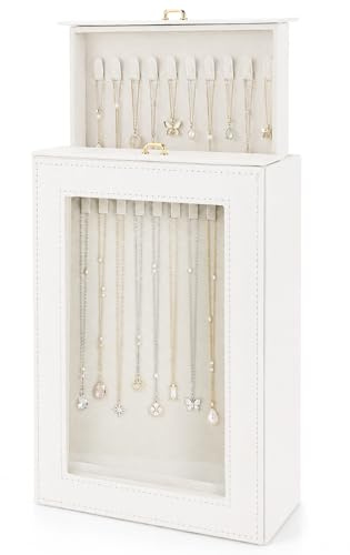 DHNDO Necklace Organiser Box, Jewellery Storage Case with Clear Window for Necklaces Bracelets, PU Leather Tangle-Free Necklace Display Case with 20 Hooks for Women Girls, Mothers Day Gift