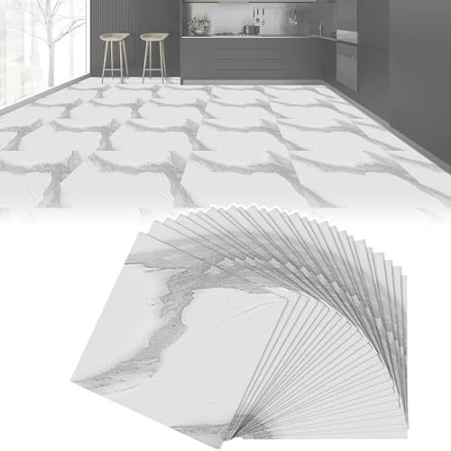 Yunvin Vinyl Floor Tiles Self Adhesive, Pack of 54 Pieces Covers 5.02 m², 30 x 30 cm PVC Flooring, Waterproof Peel and Stick for Living Room, Kitchen, Bathroom, 1.5 mm Thick, Marble White Flooring