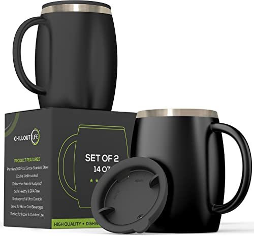 CHILLOUT LIFE Isolerade kaffemuggar i rostfritt stål set med 2 (14 oz) – dubbla väggiga kaffekoppar med spillbeständigt lock och starkt handtag, okrossbara koppar för kalla drycker, varma drycker