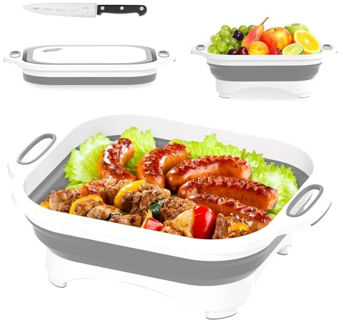 Collapsible Cutting Board, HI NINGER Chopping Board with Towel Kitchen Foldable Camping Dishes Sink Space Saving 3 in 1 Multifunction Storage Basket for BBQ Prep/Picnic/Camping (Grey)