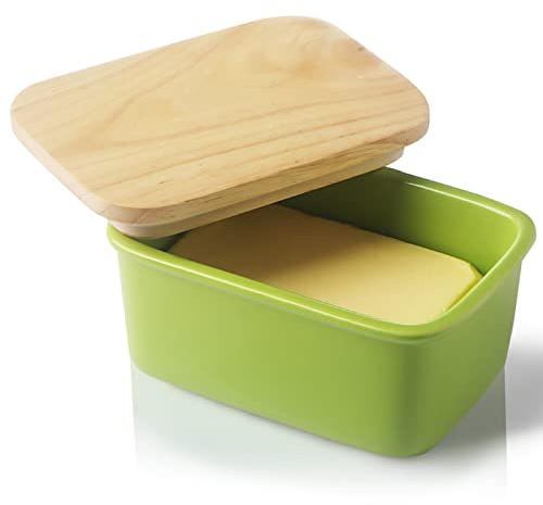 Sweejar Home Mantequilla de porcelana con tapa, hermético grande con tapa de madera, recipiente de mantequilla perfecto para 2 palitos de mantequilla de la costa oeste o este (Verde)
