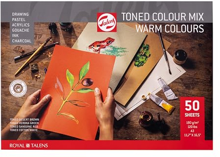 Talens Papier - Getönter A3 Papierblock 180g 50 Blatt - Warmer Farbmix mit Wüstenbraun, Veronagrün, Rot & Baumwollweiß - Geeignet für Buntstifte, Pastellstifte, Gouache, Tusche, Acryl & Holzkohle