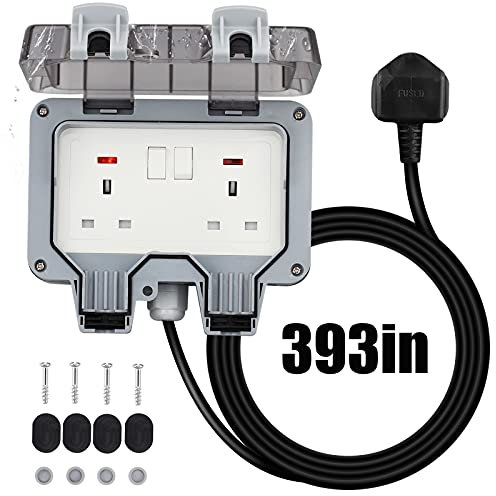 Outdoor Sockets Waterproof Double Socket, Weatherproof Outdoor Sockets with 10M Extension Cable Outdoor Outside Plug Socket 13A IP66 Wall Electrical Outlets Switched Socket Covers