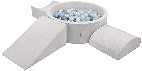 KiddyMoon Spielplatz Aus Schaumstoff Mit Rund Bällebad (300 Bälle) Ballgruben Für Babys Spielbad Hindernisläufen, Hergestellt In Der EU, Hellgrau:Perle/Grau/Transparent/Babyblue/Minze