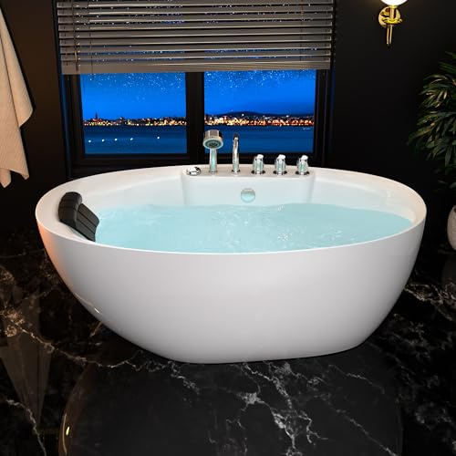 Empava 59 x 28 Freestanding Whirlpool Tub, Stand Alone Jetted Bathtub, Boat Shape with Large Recline Angle, Hydromassage, Adjustable Water Nozzles,Acrylic,ETL Certified