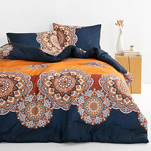 Wake In Cloud - Bohemian Comforter Set, Boho Chic Ornate Floral Elements Pattern Printed for Men Women, Soft Lightweight Bedding, 3 Pieces, Orange Navy, Queen Size